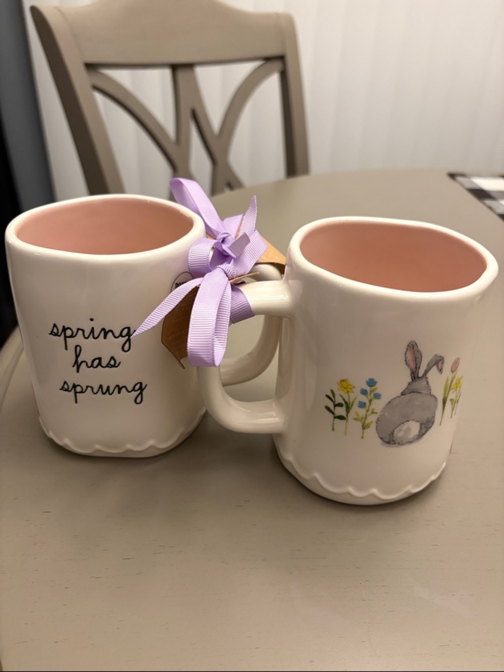 Rae Dunn Spring Has Sprung Ceramic Mug - White with Pink and Cream Interiors